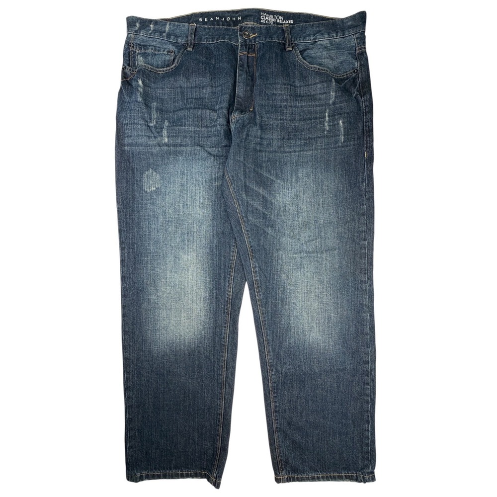 Sean John Hamilton Men 40x30 Classic Relaxed Blue Jeans Distressed Straight Leg